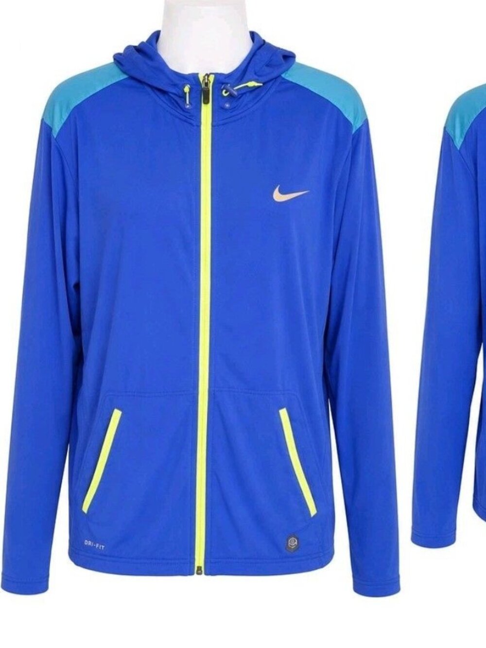 Nike Dri-FIT Men's 2XL Blue Full Zip Hooded Running Training Jacket Neon Yellow.